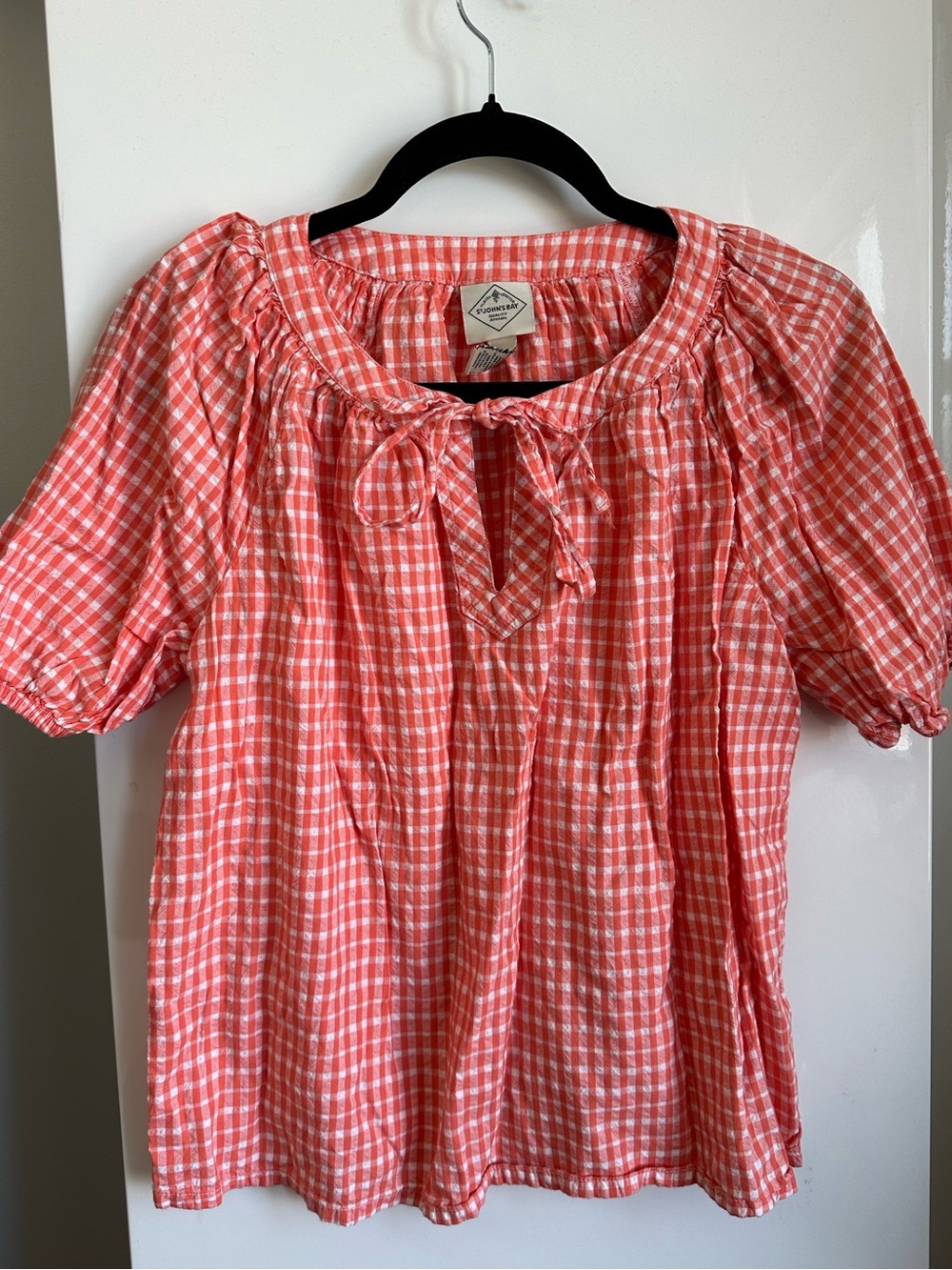 St John’s B Coquette Gingham Peasant Blouse Cottagecore Puff Sleeve Tie Front